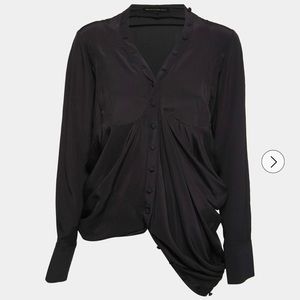 Balenciaga Black Silk Button Front Draped Long Sleeve Blouse